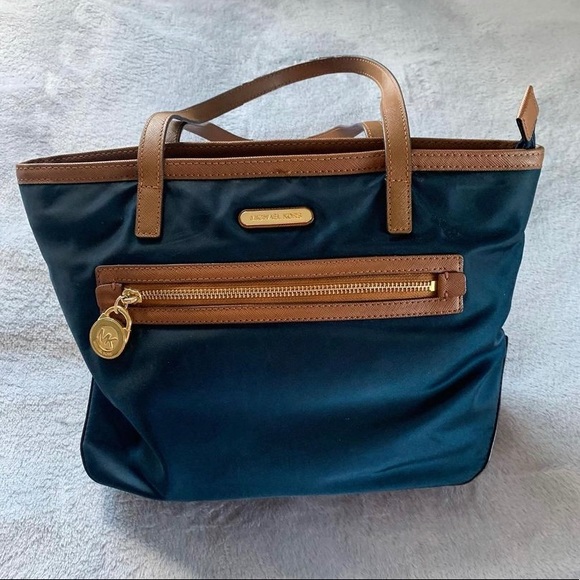 Michael Kors Navy Blue/Brown Nylon Tote Purse - Picture 1 of 7